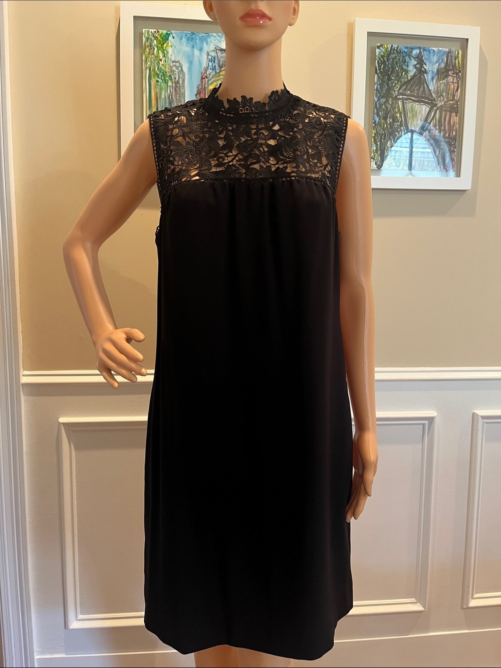 Theory Black Lace Yoke Sleeveless Shift Dress